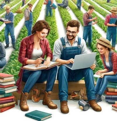 People studying with books and a laptop in a field